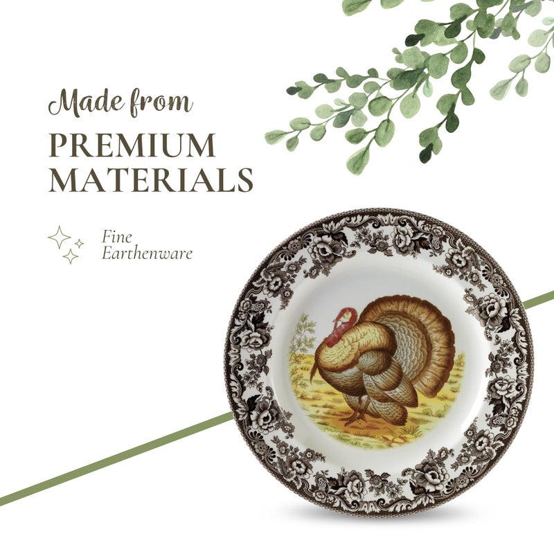 Spode Woodland Turkey Set of 4 Dinner Plates, 10.5" - Thanksgiving Tableware, Collectible Holiday Dish with British Flowers Border, Fine Earthenware - Dishwasher, Microwave, Oven Safe - Image 4